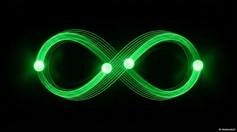 Three glowing green balls tracing an infinity-loop cascade path through dark space