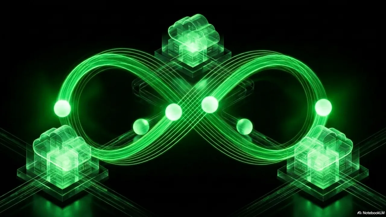 A green infinity loop traced between glowing cloud-node icons, suggesting the cascade as a network topology