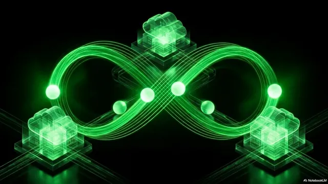 A green infinity loop traced between glowing cloud-node icons, suggesting the cascade as a network topology