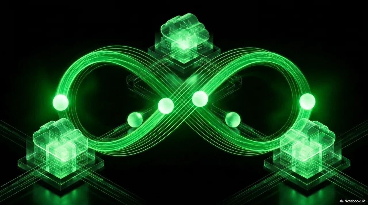 A green infinity loop traced between glowing cloud-node icons, suggesting the cascade as a network topology