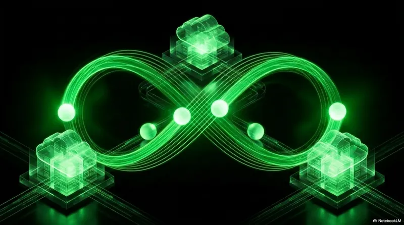 A green infinity loop traced between glowing cloud-node icons, suggesting the cascade as a network topology