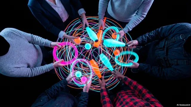 Six people photographed from directly above, standing in a circle, all passing juggling props toward the center simultaneously - the props and their light trails form a complete mandala pattern in the space between the jugglers