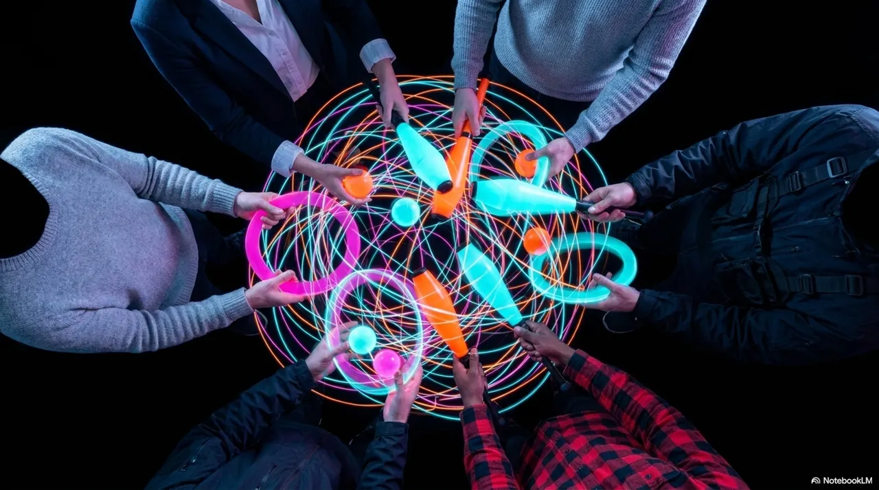 Six people photographed from directly above, standing in a circle, all passing juggling props toward the center simultaneously - the props and their light trails form a complete mandala pattern in the space between the jugglers
