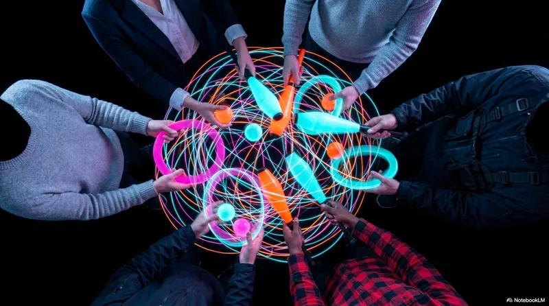 Six people photographed from directly above, standing in a circle, all passing juggling props toward the center simultaneously - the props and their light trails form a complete mandala pattern in the space between the jugglers