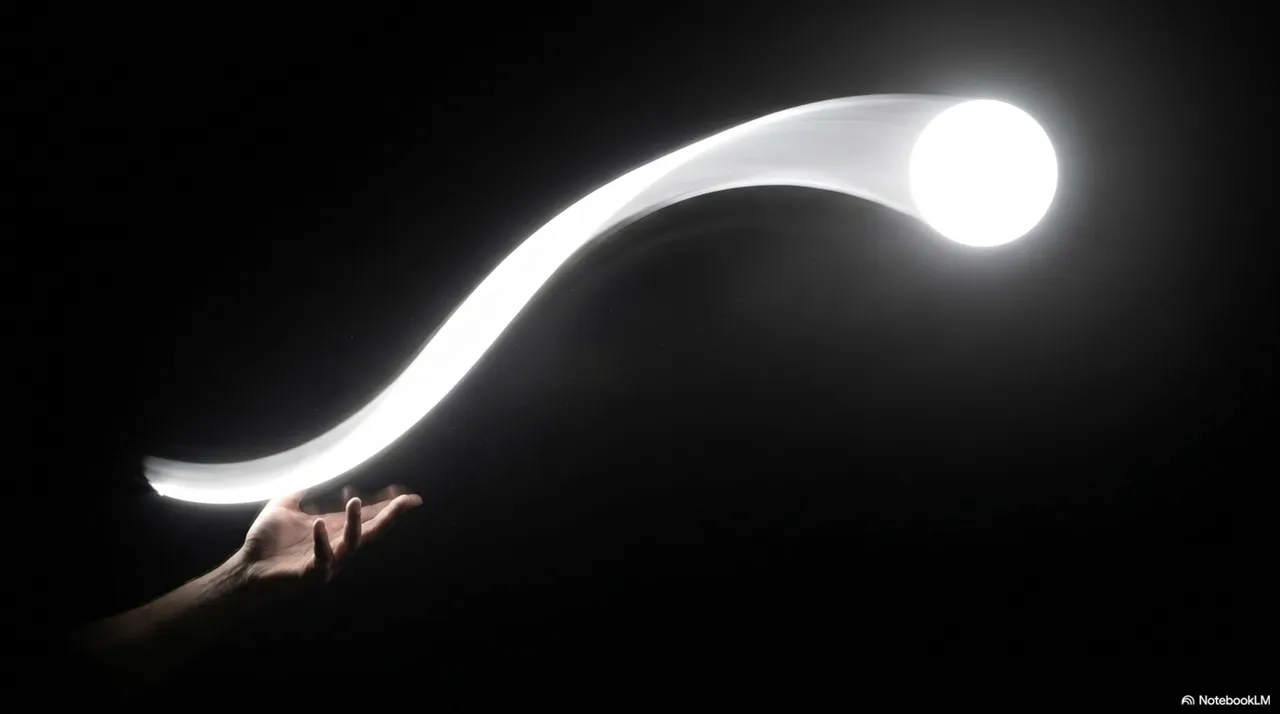 A single hand releasing a ball that traces a luminous arc upward through dark air