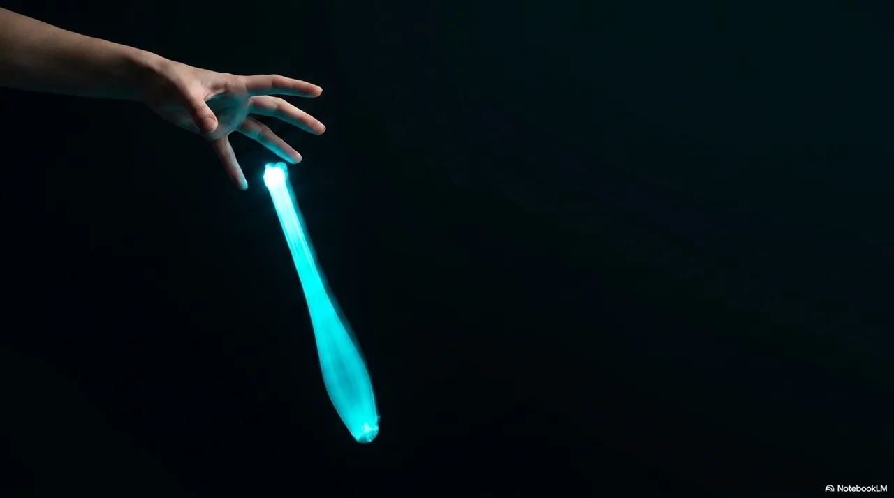 A single hand against a dark background with fingers slightly open, releasing a glowing teal/cyan juggling club that points downward - the club still lit as it falls away from the hand