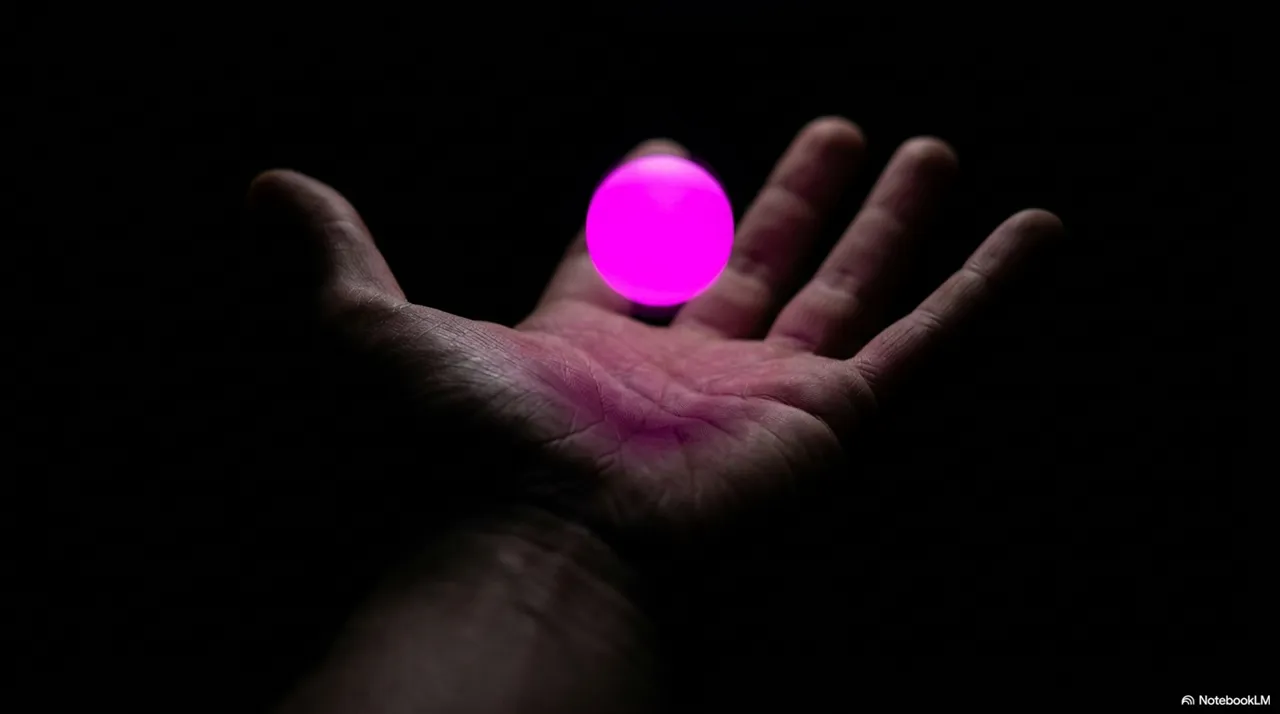 A glowing pink ball hovering above an open palm in darkness