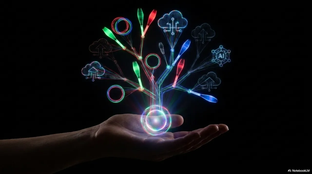 An upturned hand holding a glowing ball at its center, from which rise branches of juggling props - clubs, rings, balls - blooming into cloud icons and AI symbols