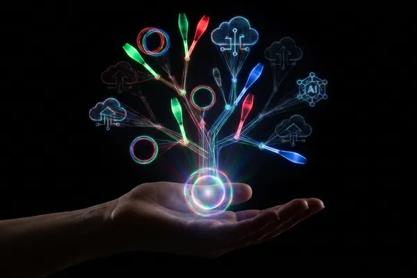 Hand reaching toward a glowing tech tree structure in the cloud