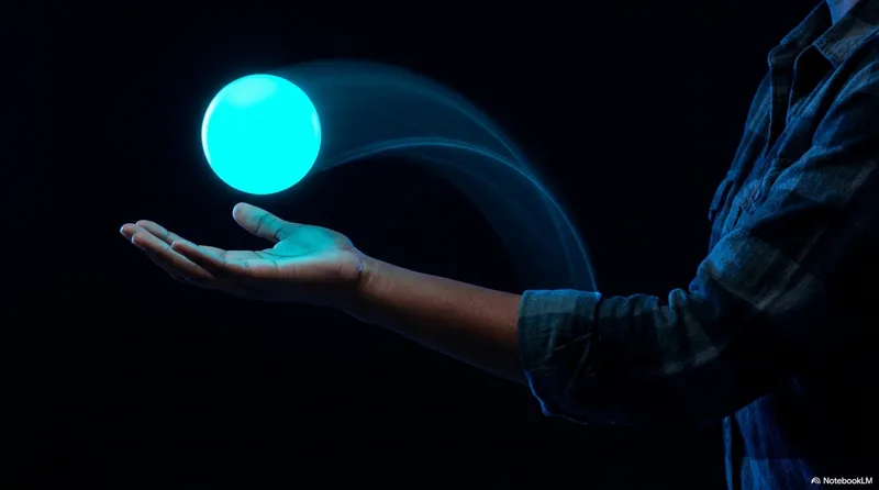 A single hand extended with a glowing cyan ball hovering above it, a curved arc of light tracing the parabolic path the ball just traveled