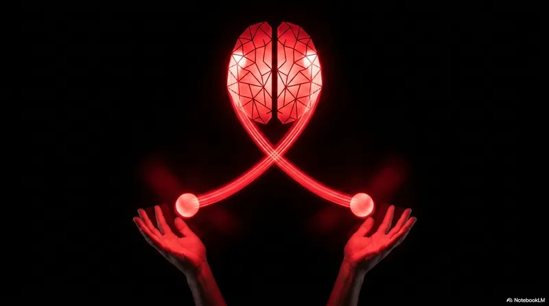 Hands juggling with neural circuit patterns superimposed, suggesting working memory load