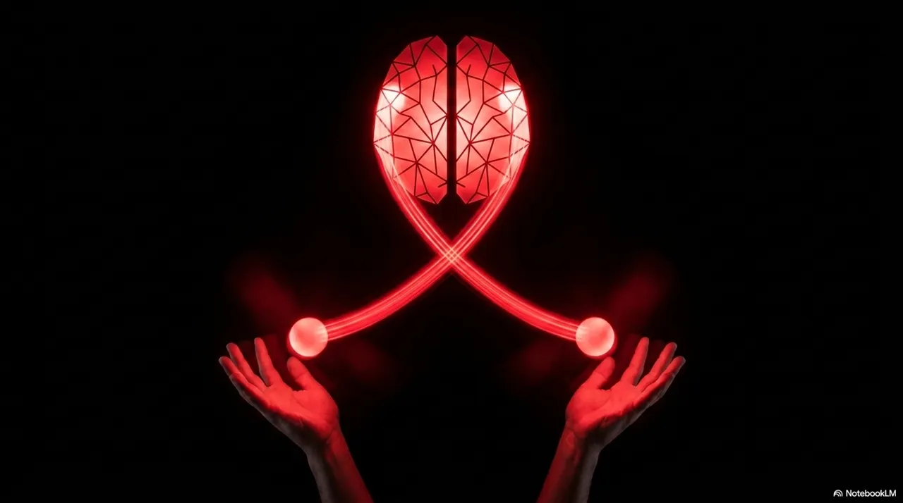 Hands juggling with neural circuit patterns superimposed, suggesting working memory load