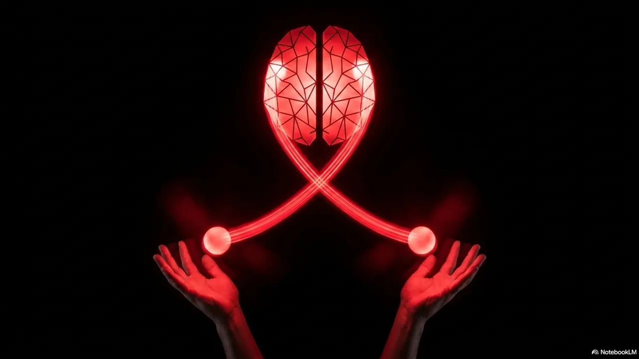 Hands juggling with neural circuit patterns superimposed, suggesting working memory load