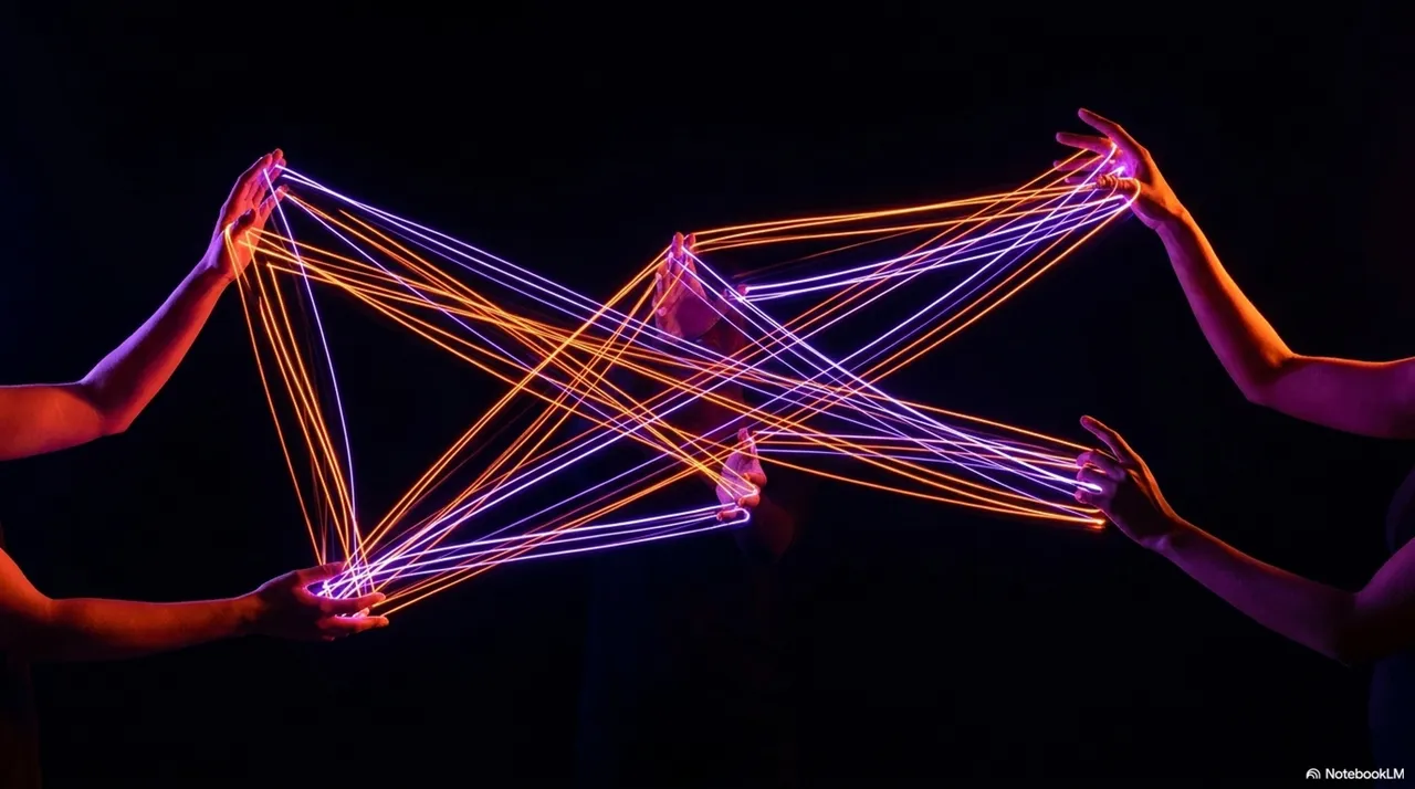 Multiple hands from both sides holding an intricate cat's cradle of glowing orange and purple neon strings, forming a complex geometric web structure between them