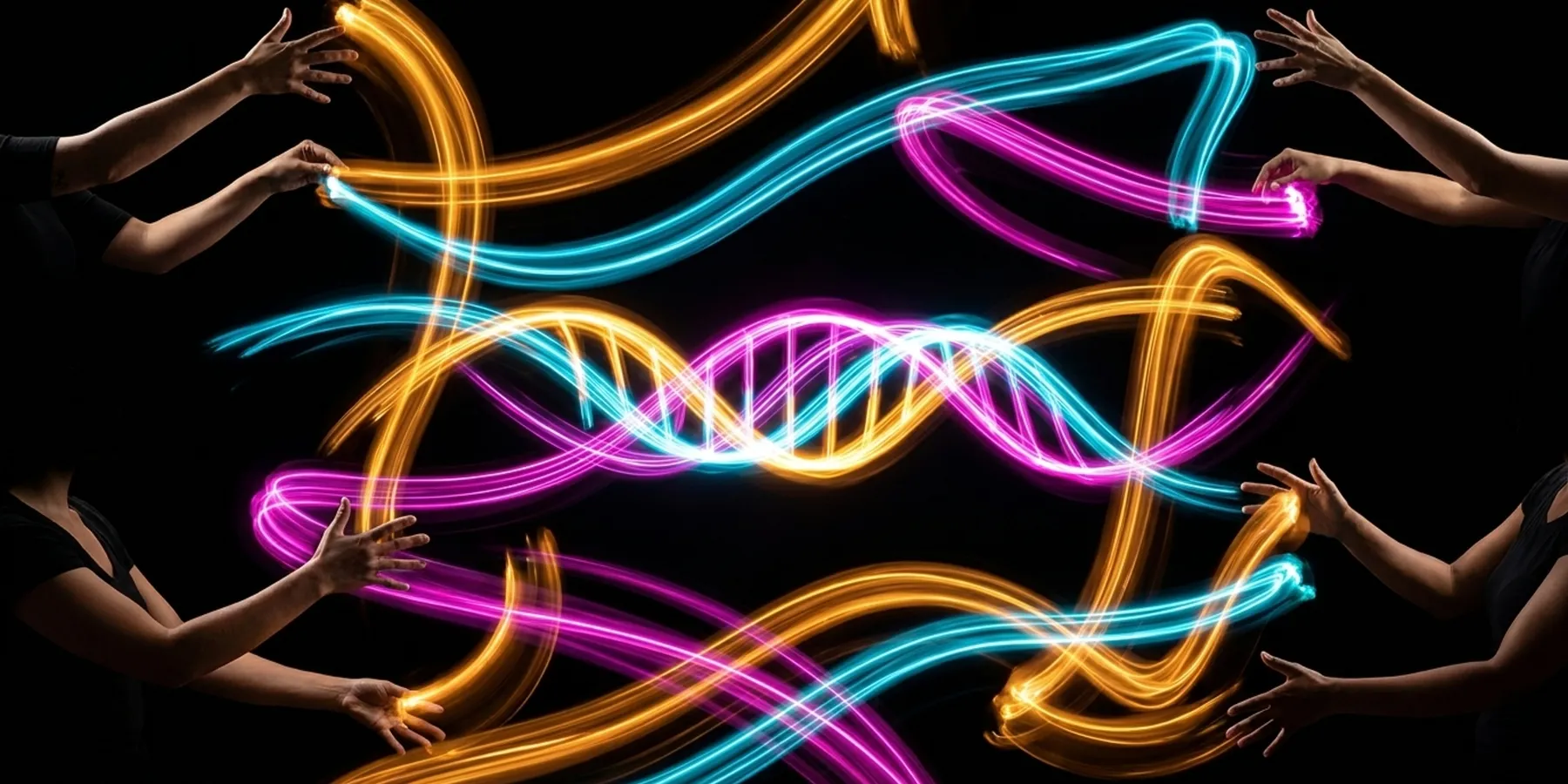 Two hands with intertwined DNA-like light helix between them, representing system architecture