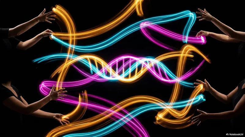 Multiple pairs of hands from both sides manipulating a glowing DNA double helix made of neon light - orange/amber outer strands and cyan/blue and pink crossing bridges at the center against a black background
