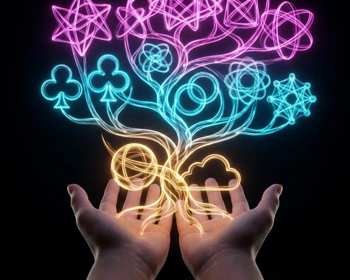 Two open hands from which a glowing neon knowledge tree grows into juggling props, math symbols, and logic gates