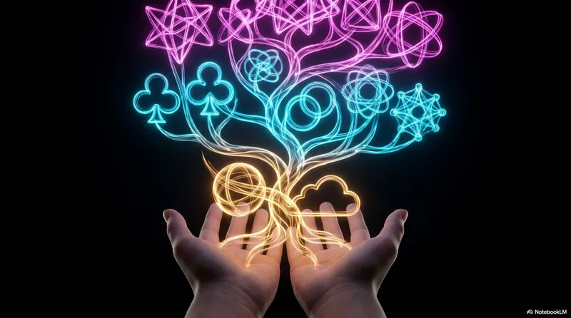 Two open hands held upward, from which a glowing neon tree grows - branches spread into juggling clubs, rings, mathematical symbols, circuit-like nodes, and molecular structures in pink, cyan, and yellow light