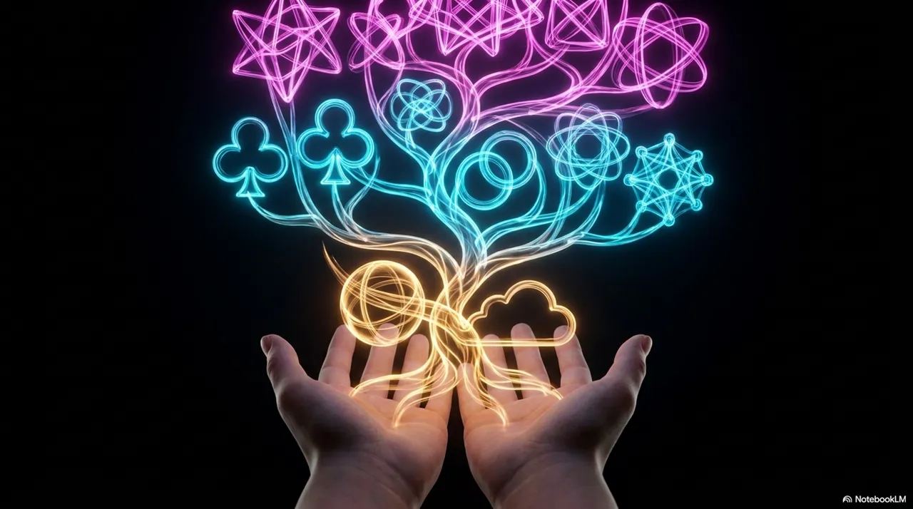Two open hands held upward, from which a glowing neon tree grows - branches spread into juggling clubs, rings, mathematical symbols, circuit-like nodes, and molecular structures in pink, cyan, and yellow light