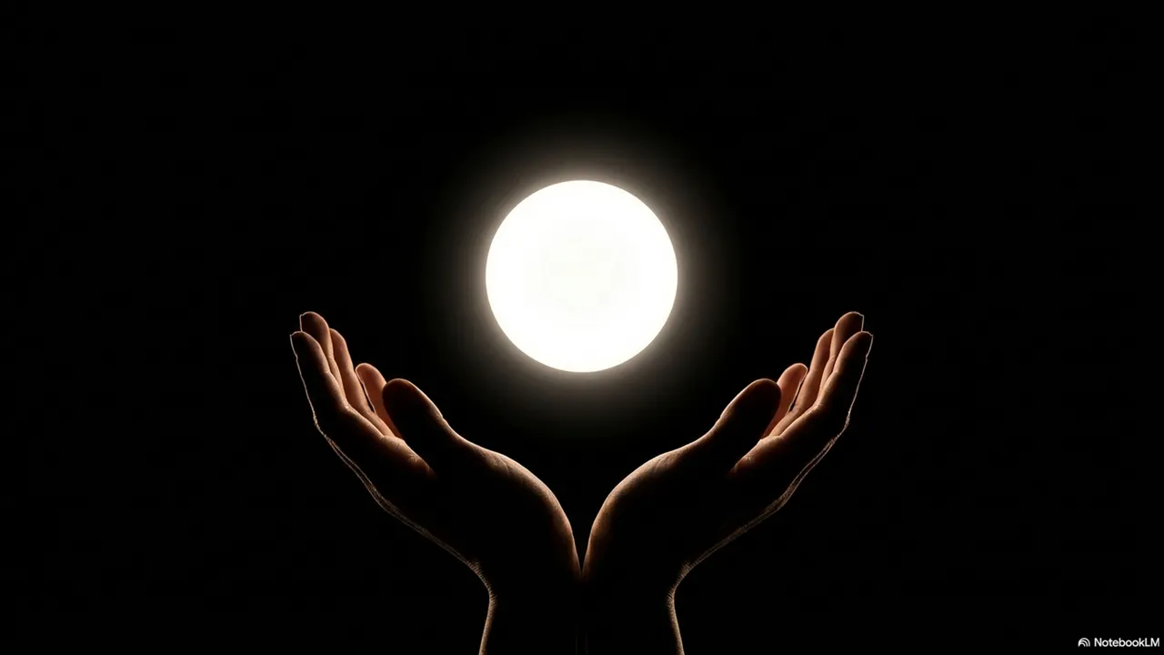 Two hands cupped together offering a glowing white ball