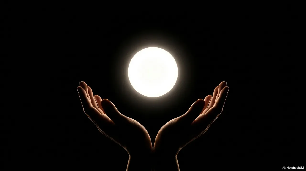Two hands cupped together offering a glowing white ball