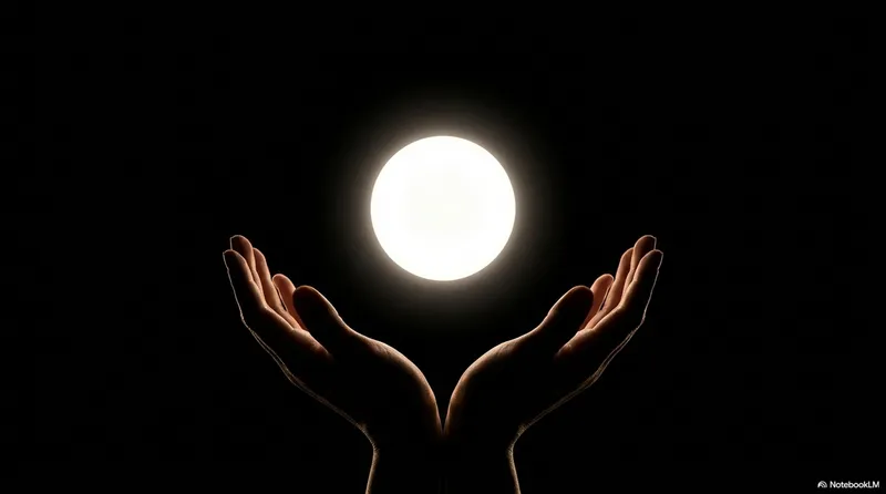 Two hands cupped together offering a glowing white ball