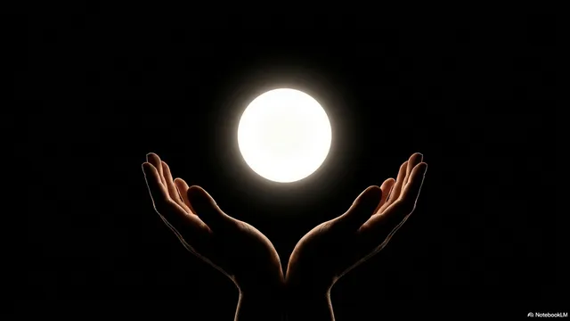 Two hands cupped together offering a glowing white ball