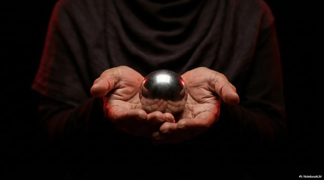 Two hands holding a silver juggling ball between them, the ball resting in balanced contact with both palms, lit from above