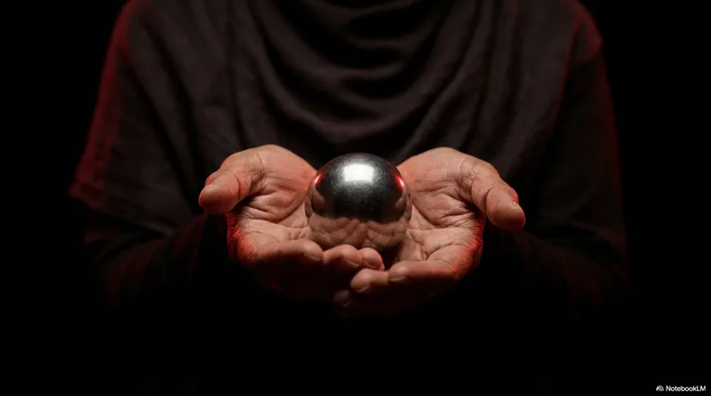 Two hands holding a silver juggling ball between them, the ball resting in balanced contact with both palms, lit from above