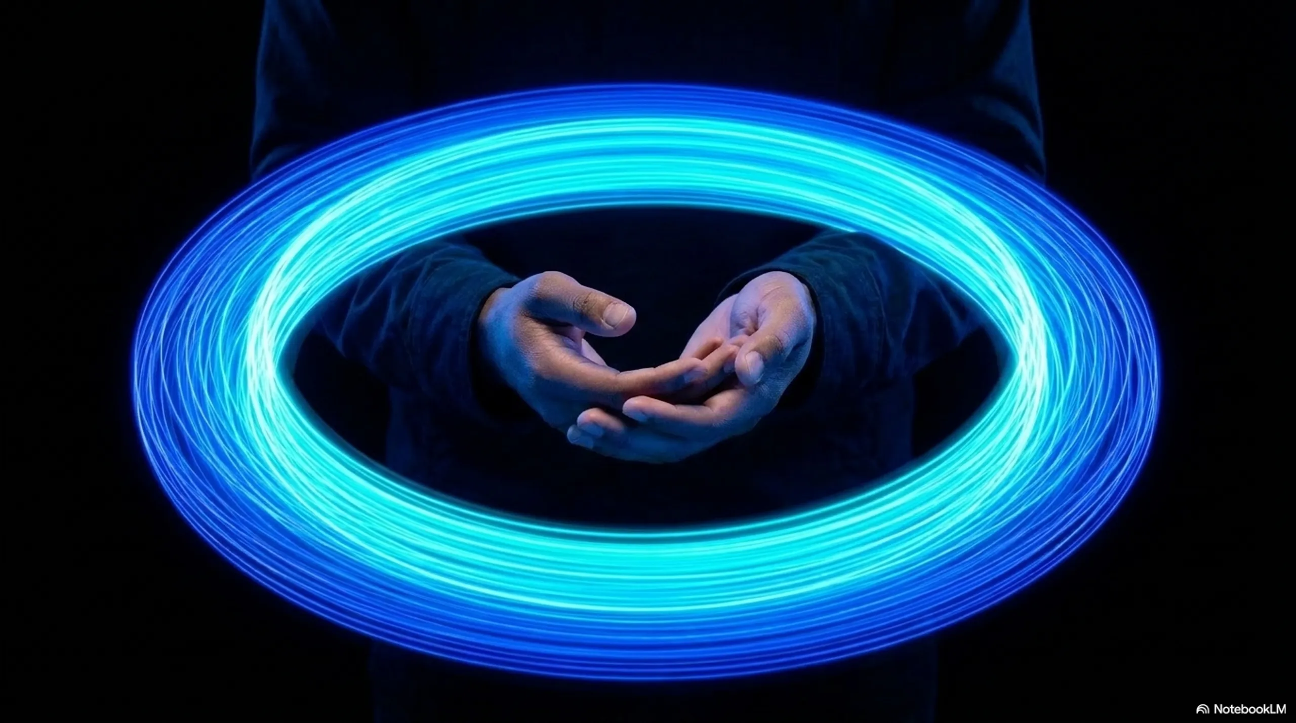 Two hands holding a spinning glowing blue ring between them, the ring maintaining its orientation through gyroscopic effect, the blue glow illuminating both hands