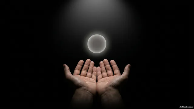 Two hands raised upward holding a glowing ball against a starlit sky, as if about to release it