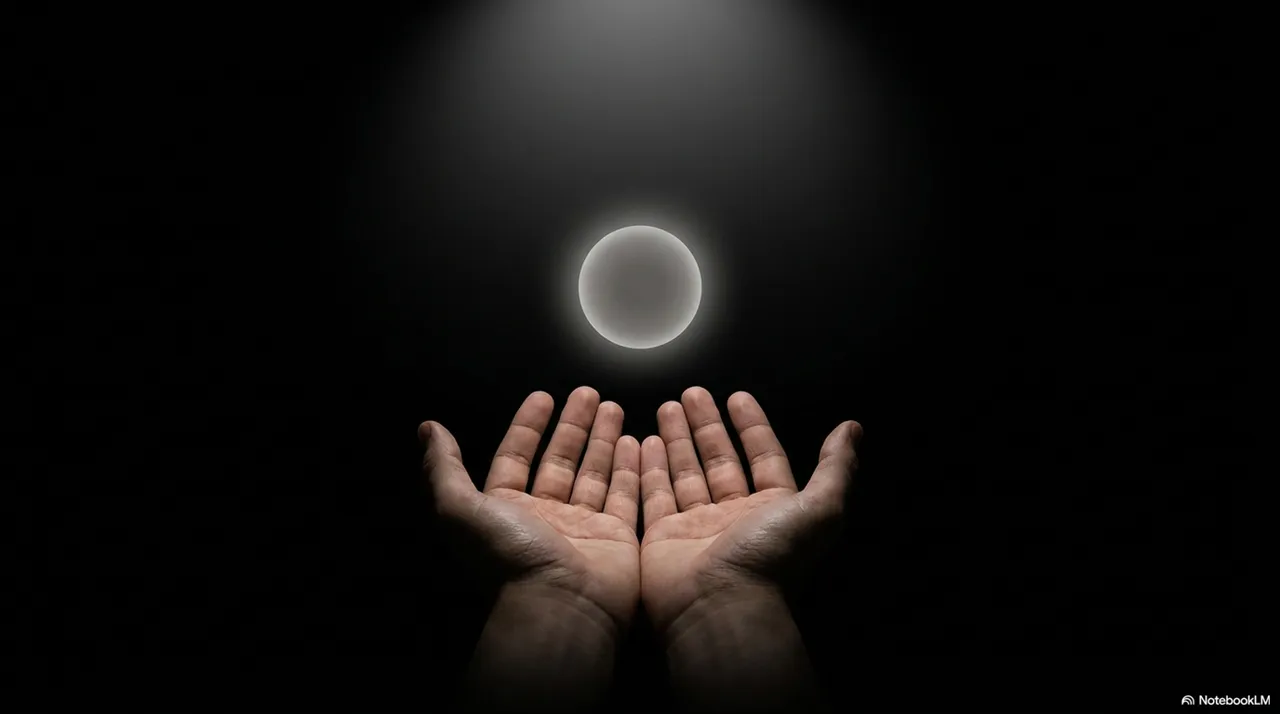 Two hands raised upward holding a glowing ball against a starlit sky, as if about to release it