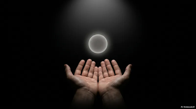 Two hands raised upward holding a glowing ball against a starlit sky, as if about to release it