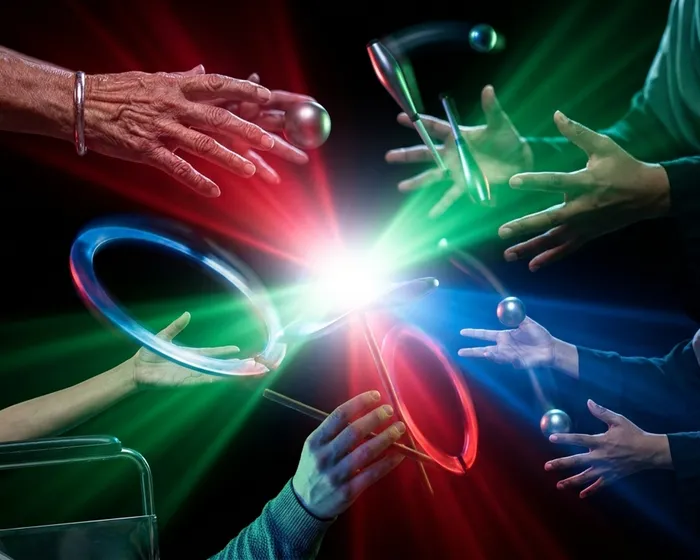 All three props converging - balls, clubs, and rings meeting at a single point