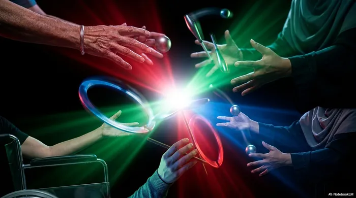 All three props converging - balls, clubs, and rings meeting at a single point