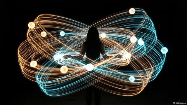 A person silhouetted at the center of a glowing double figure-eight infinity pattern, with orange and cyan balls orbiting in wide arcs around them against a black background