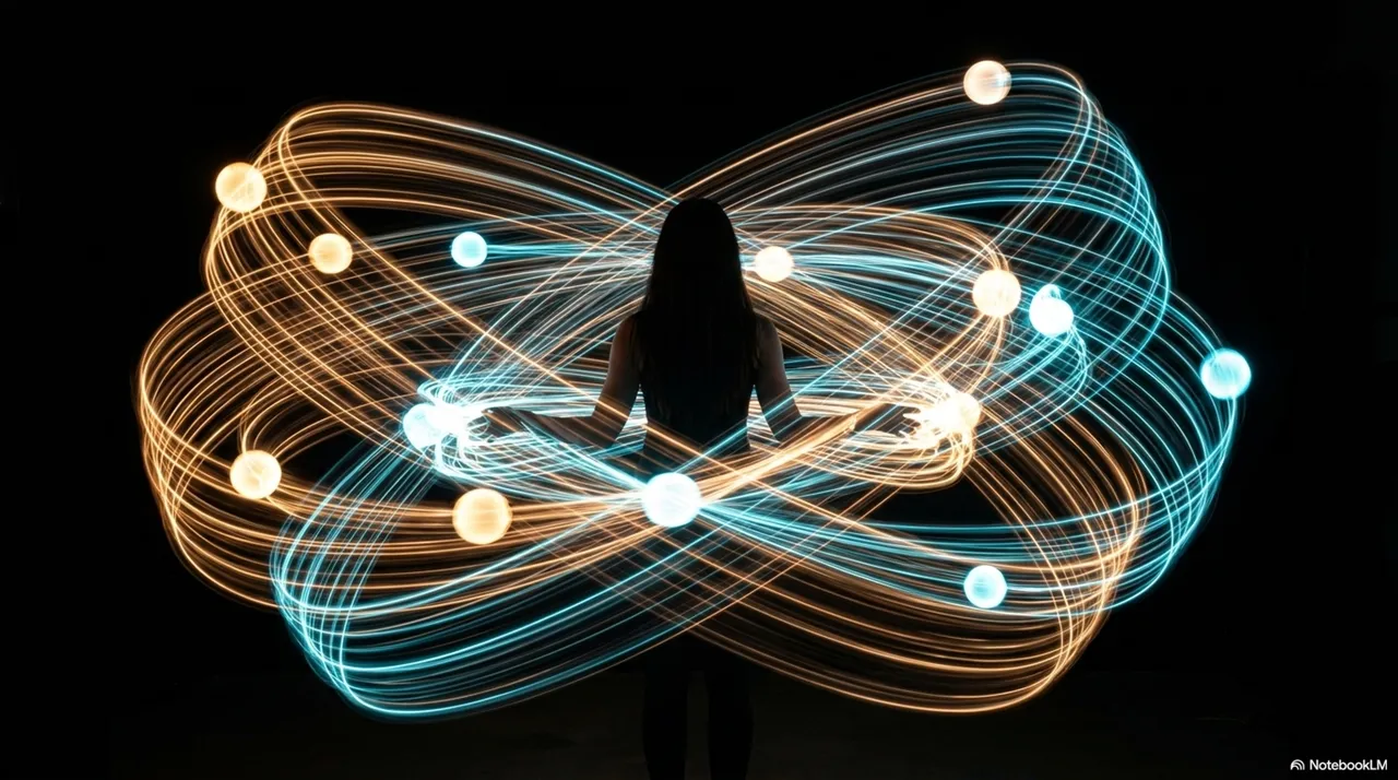 A person silhouetted at the center of a glowing double figure-eight infinity pattern, with orange and cyan balls orbiting in wide arcs around them against a black background