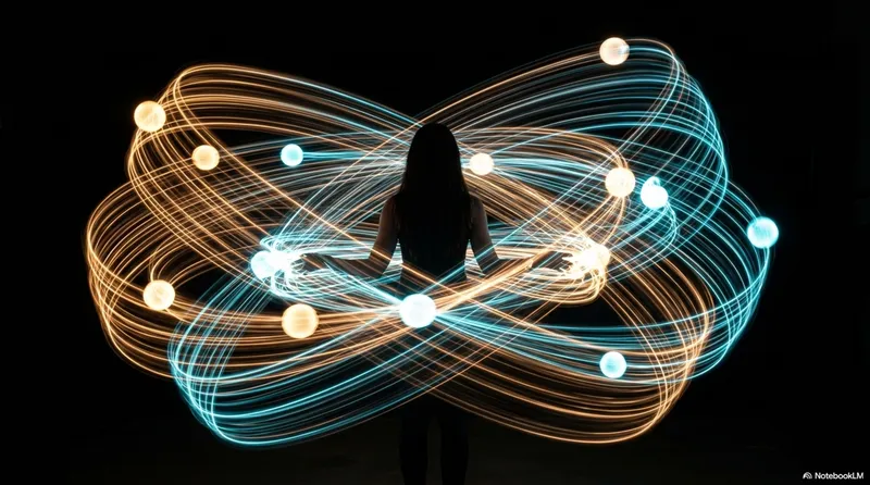 A person silhouetted at the center of a glowing double figure-eight infinity pattern, with orange and cyan balls orbiting in wide arcs around them against a black background