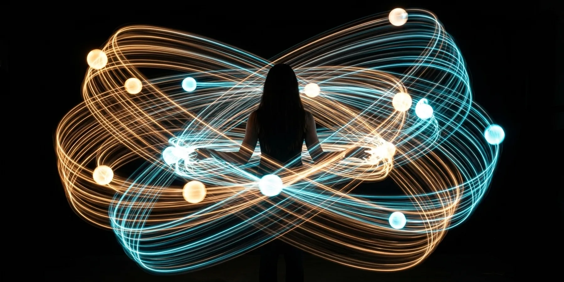 Figure-eight orbit of juggling balls creating an infinite loop pattern in deep space