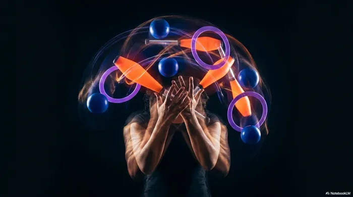 Juggler with all three props in motion - ball, club, and ring