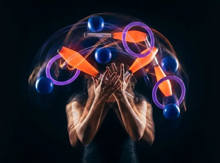 Juggler with all three props in motion - ball, club, and ring