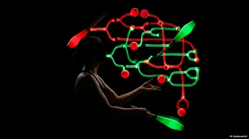 A woman's profile silhouette with glowing red and green circuit traces forming a brain shape above her hands, juggling clubs flying through the illuminated pattern
