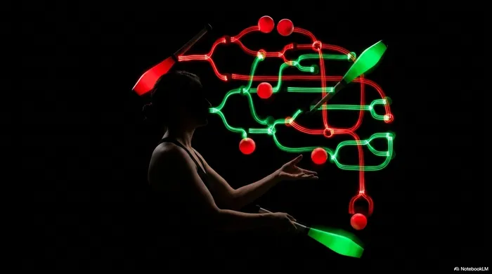 Juggler silhouette with brain circuit overlay and clubs in motion