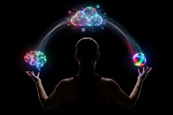 Juggler silhouette connected to a brain circuit and cloud arc