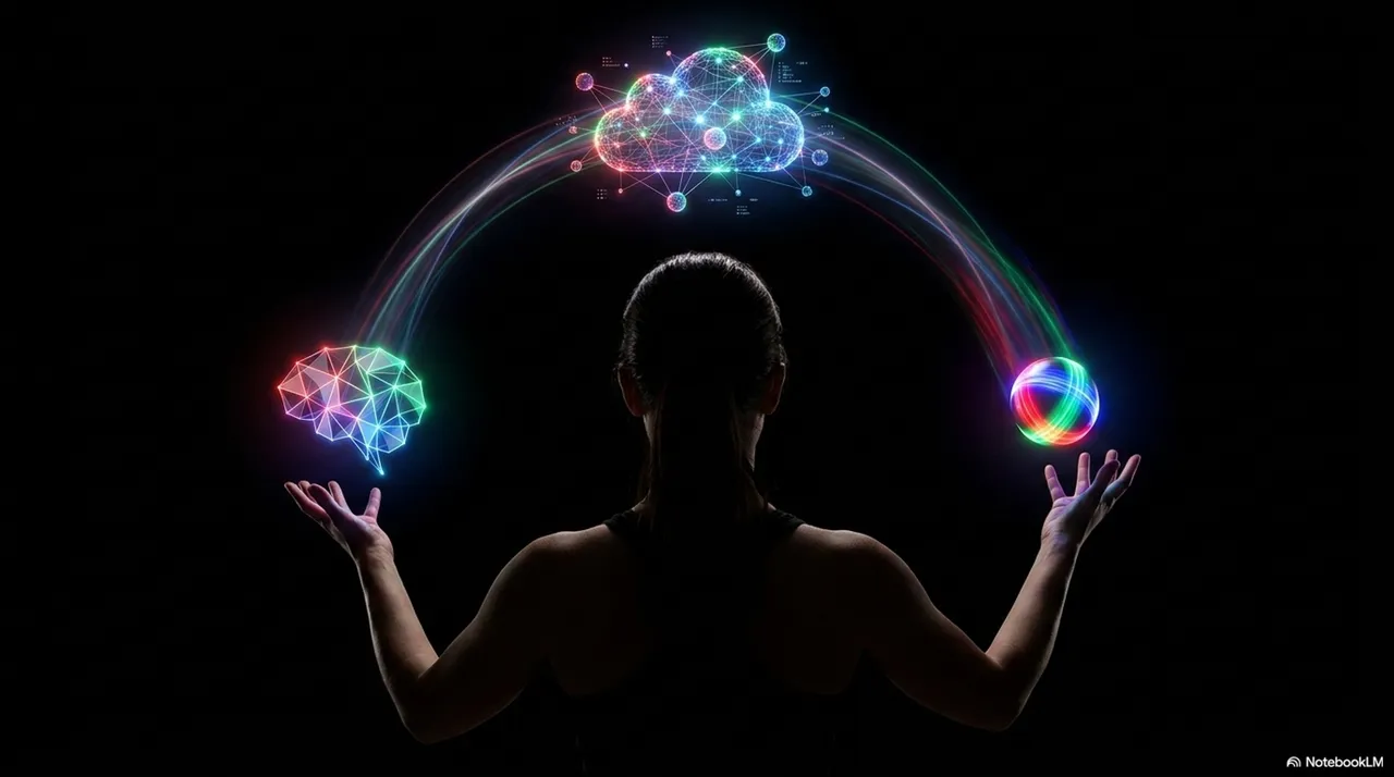 A silhouette from behind holding a glowing geometric brain in the left hand and a multicolored ball in the right, with a rainbow data arc rising through a glowing cloud above