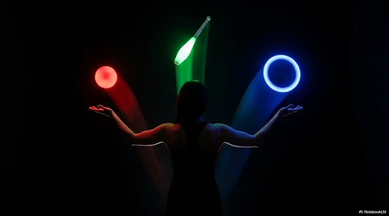 A silhouette of a juggler with arms wide open, a glowing red ball to the left, a green club rising above center, and a blue ring to the right - three different props, one person, one change