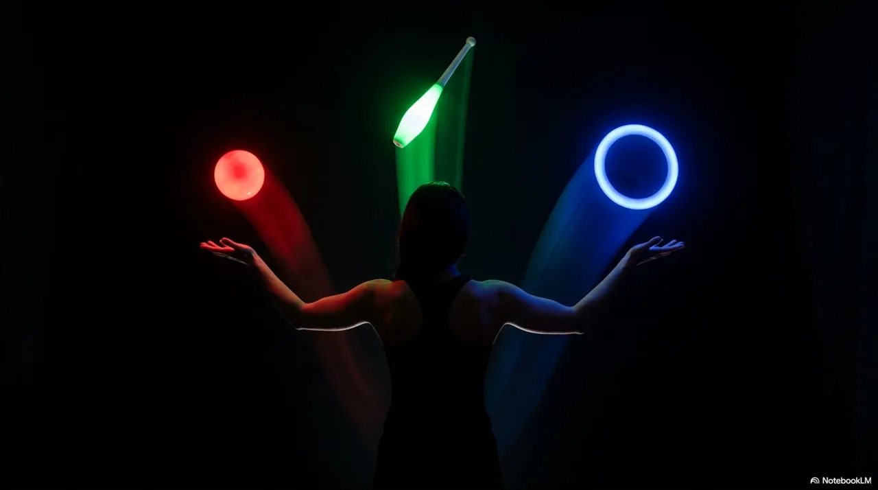 A silhouette of a juggler with arms outstretched wide, a glowing red ball to the left, a green club rising above, and a blue ring to the right