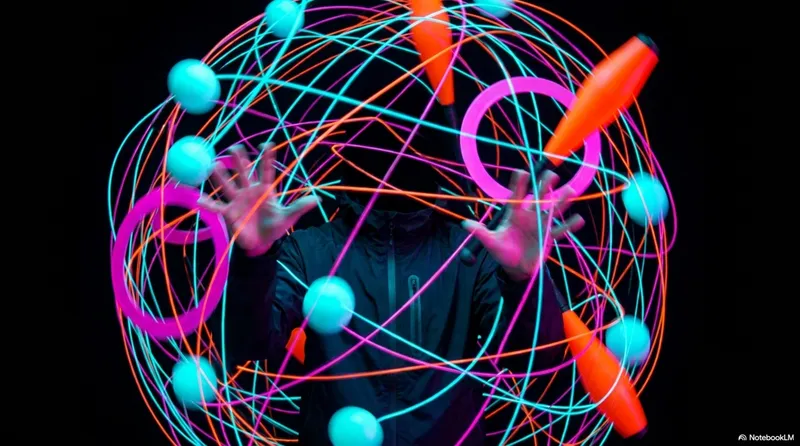 A person in a dark jacket surrounded by a perfect sphere of light trails from all three juggling props - cyan balls, orange clubs, and pink rings all visible simultaneously as the prop paths form a complete geometric sphere around the juggler