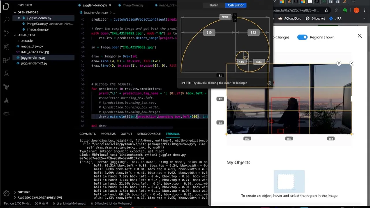 VS Code editor showing Python juggling detection code alongside a Custom Vision prediction result with bounding boxes
