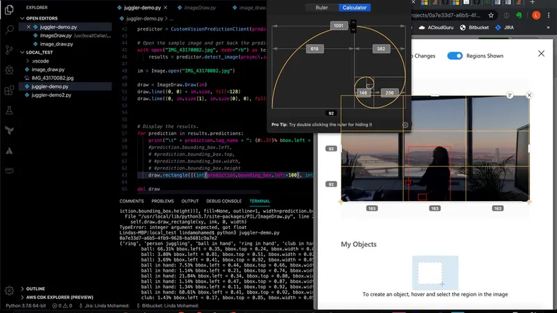 VS Code editor showing Python juggling detection code alongside a Custom Vision prediction result with bounding boxes